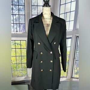 LULUS Double Breasted Trench Coat Jacket  Size L Black Silver Buttons